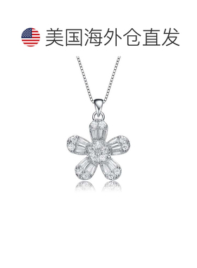 自营genevive纯银镀铑长方形方晶锆石花朵风格吊坠项链 - 白色 美