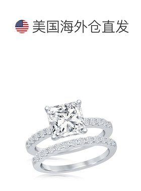 自营 simona 925 纯银公主方形切割半 CZ 带订婚戒指套装 银白色