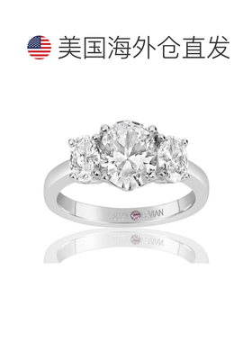 自营Suzy Levian 纯银白色椭圆形切割方晶锆石 3 石订婚戒指 - 白