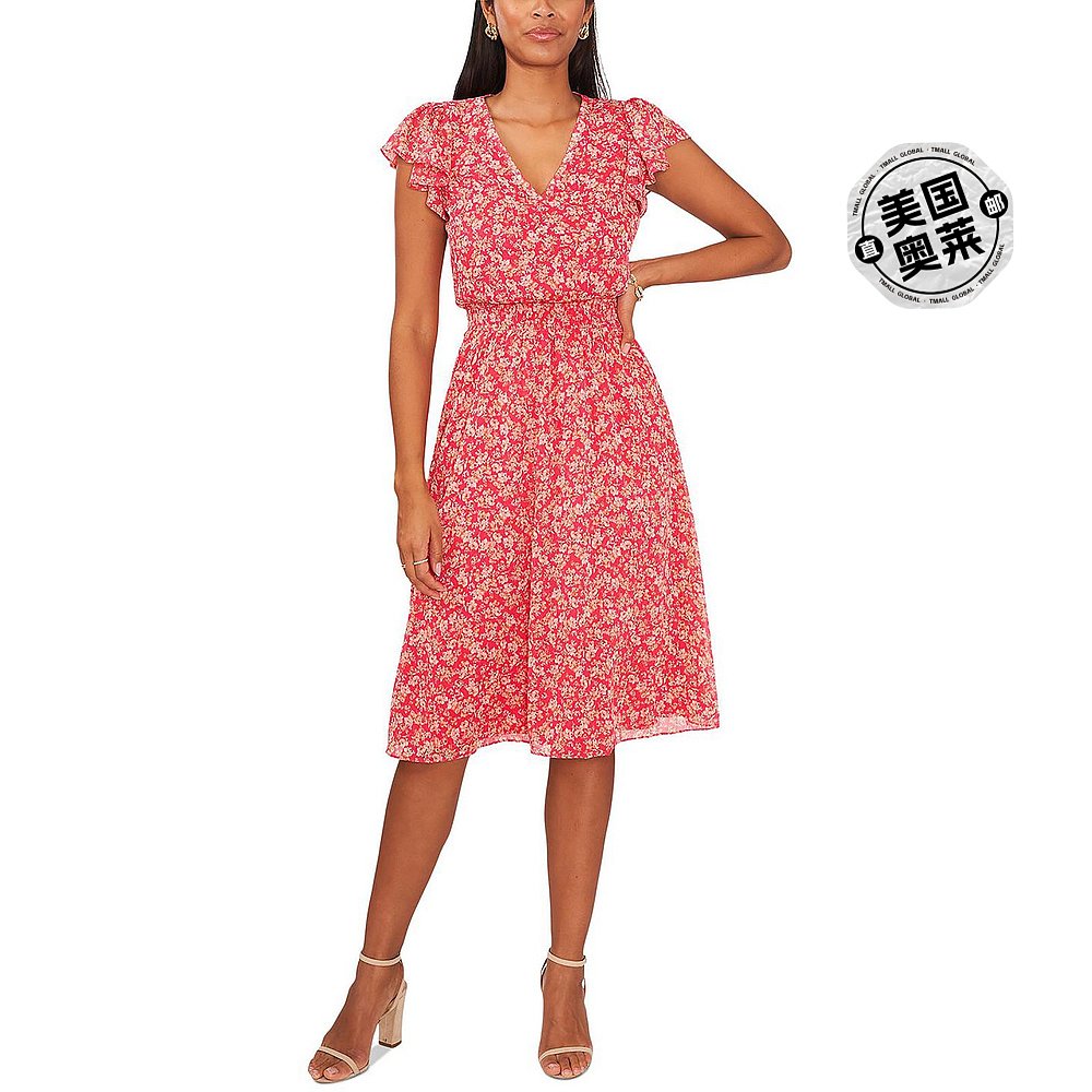 mskPetites Womens Smocked Calf Midi Dress - strawberry lemon - 图0