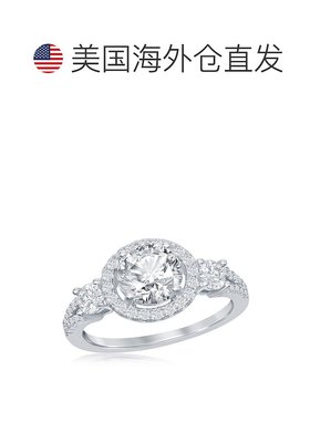 自营 simona 925 纯银圆形 CZ 光环配侧石开放式订婚戒指 - 银白