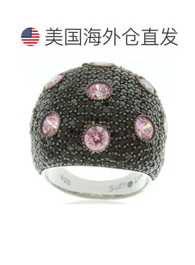 自营 Suzy Levian 纯银黑色和粉色方晶锆石密镶大圆顶戒指 - 黑色