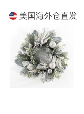 自营safavieh人造 26 英寸磨砂松木花环带装饰品 - 银色/绿色 美