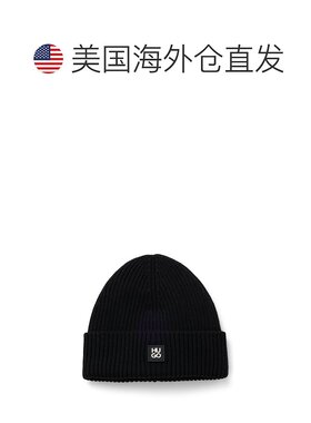 自营 hugo boss带有堆叠徽标徽章的纯羊毛无檐便帽-黑色 美国奥