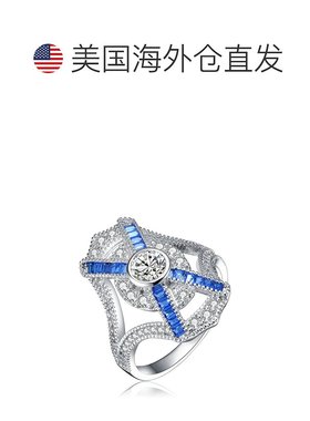 自营 GENEVIVE 纯银蓝宝石立方氧化锆几何鸡尾酒戒指 - 蓝色 美国