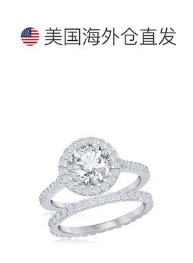 自营 simona 925 纯银法式套装圆形光环永恒戒指和 CZ 订婚戒指套