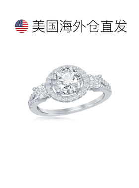 自营simona 925 纯银圆形 CZ 光环配侧石开放式订婚戒指 - 银白色