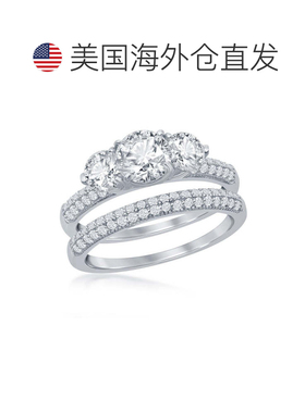 自营 simona 925 纯银三石半微型密钉带订婚戒指套装 - 银白色 美