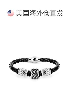 自营 Crucible Los Angeles 不锈钢方形串珠黑色编织皮革手链（12