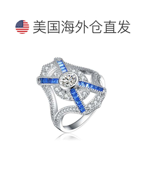 自营 GENEVIVE 纯银蓝宝石立方氧化锆几何鸡尾酒戒指 - 蓝色 美国