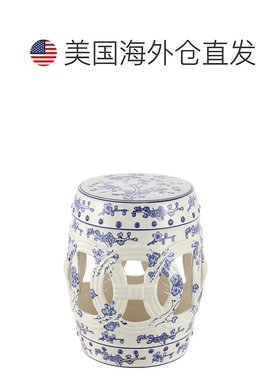 自营 jonathan yLucky Coins 16 英寸中国陶瓷鼓花园凳，蓝色/白
