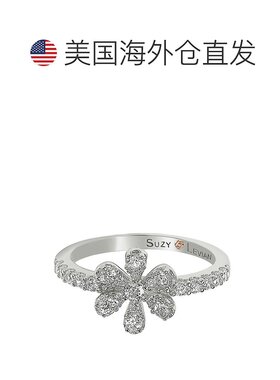 自营 Suzy Levian 纯银白色方晶锆石花朵戒指 - 白色 美国奥莱直