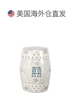 jonathan y双喜 18 英寸中国风陶瓷鼓形花园凳 - 灰蓝/白色 【美
