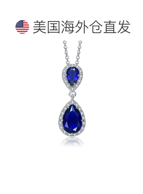 自营genevive纯银镀铑两颗蓝宝石蓝梨形圆形立方氧化锆光环吊式项