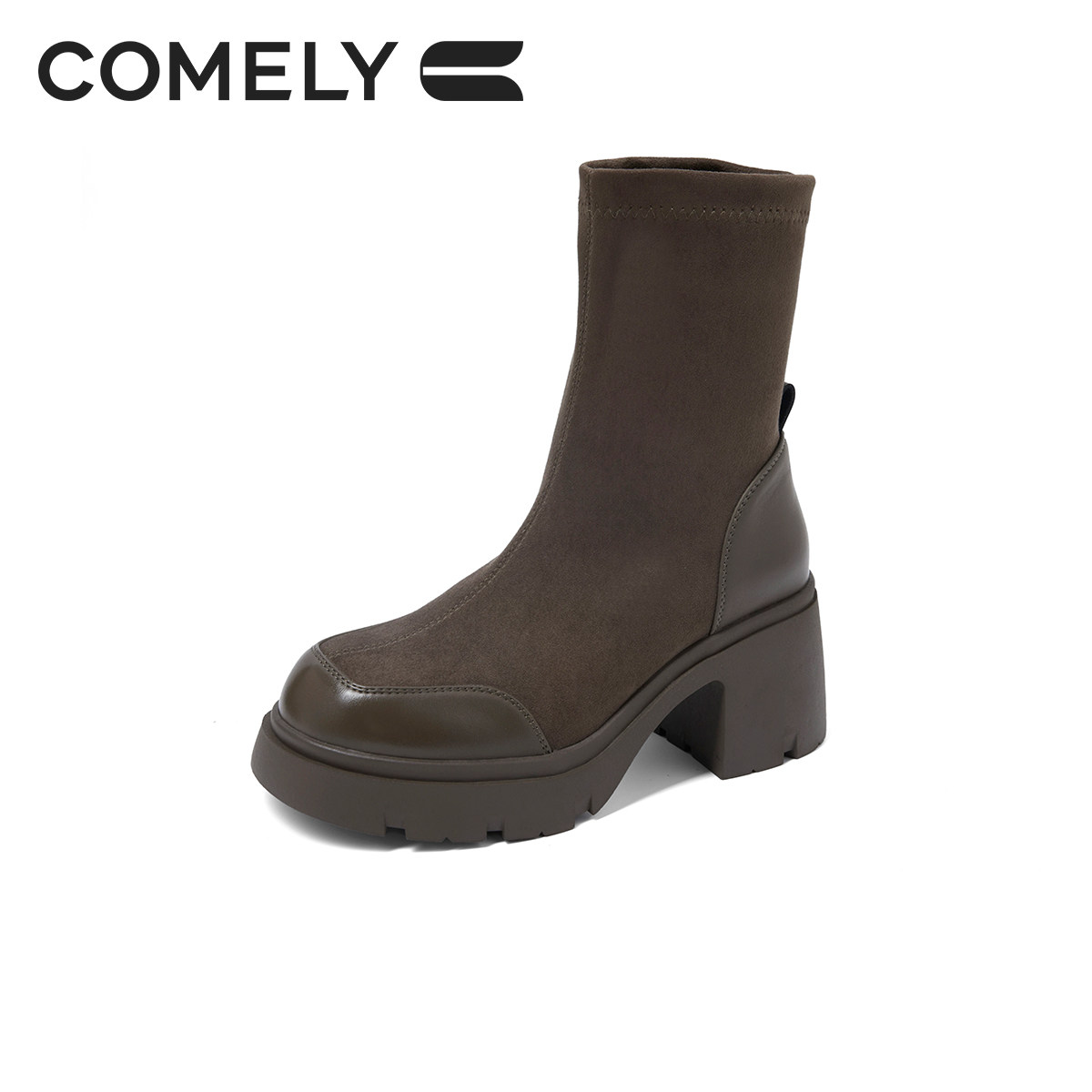 康莉弹力靴女2024冬季新款拼接厚底粗跟瘦瘦靴时尚百搭显瘦袜靴女,淘宝优惠券,粉丝福利购,淘宝优惠卷