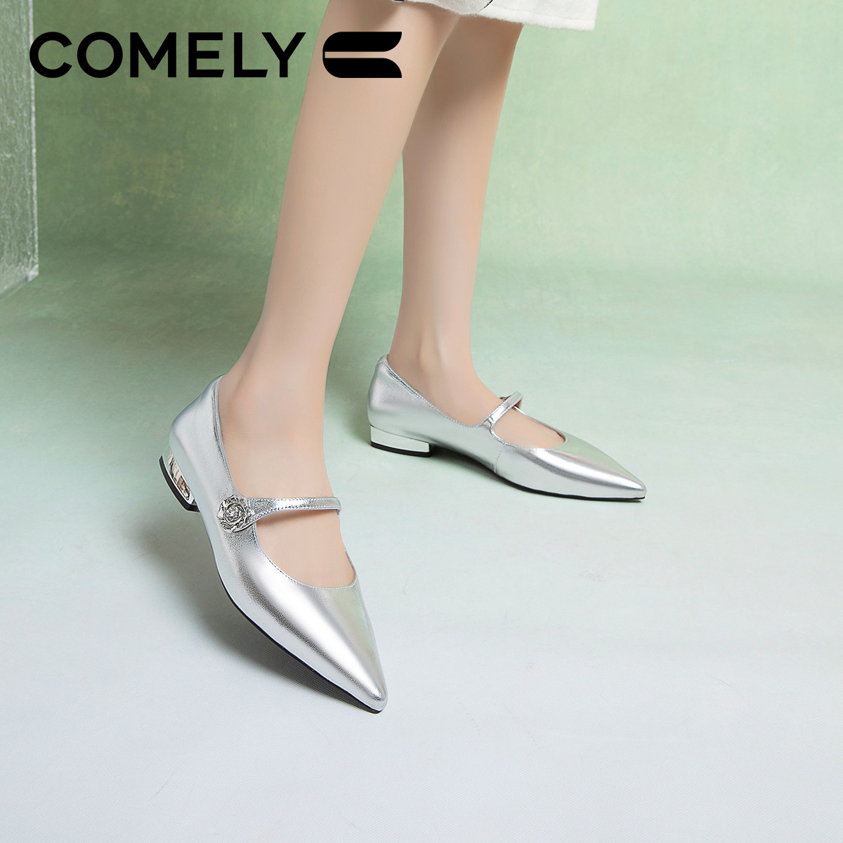 康莉商场新款真皮玛丽珍鞋女2024年秋季新款尖头银色平底高级女鞋,淘宝优惠券,粉丝福利购,淘宝优惠卷