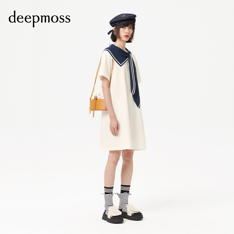 【deepmoss】 潮流时尚通勤百搭A字裙白色拼接海军领连衣裙女 - 图1