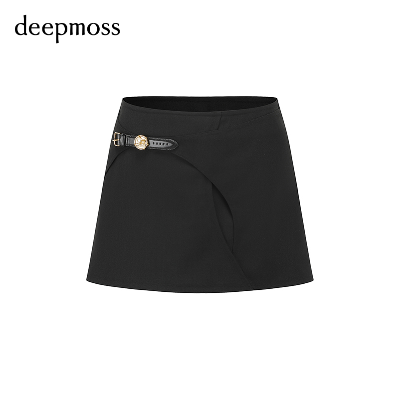 【deepmoss】春夏女装时尚复古潮流雾黑船帆金币表带羊毛短半身裙 - 图3