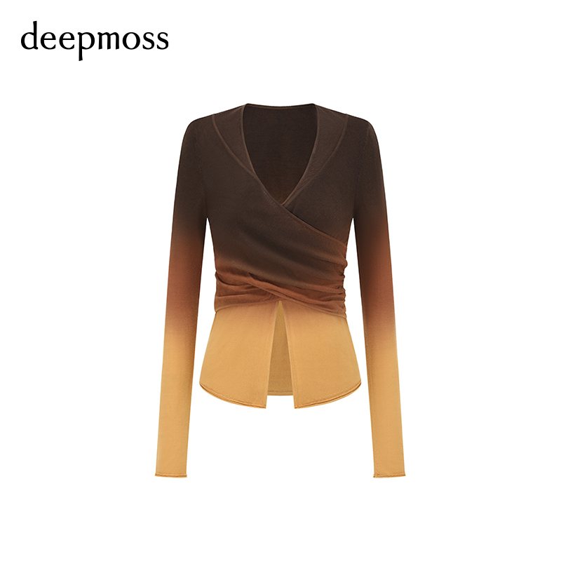 【deepmoss】春夏女装时尚复古潮流渐变交叠羊毛套头针织长袖上衣 - 图3