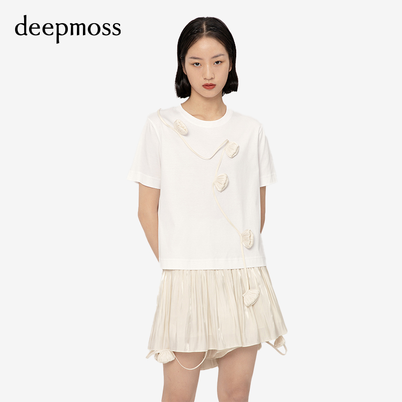 【deepmoss】时尚潮流女士小众百搭短袖休闲水泽花蕊圆领T恤 - 图2