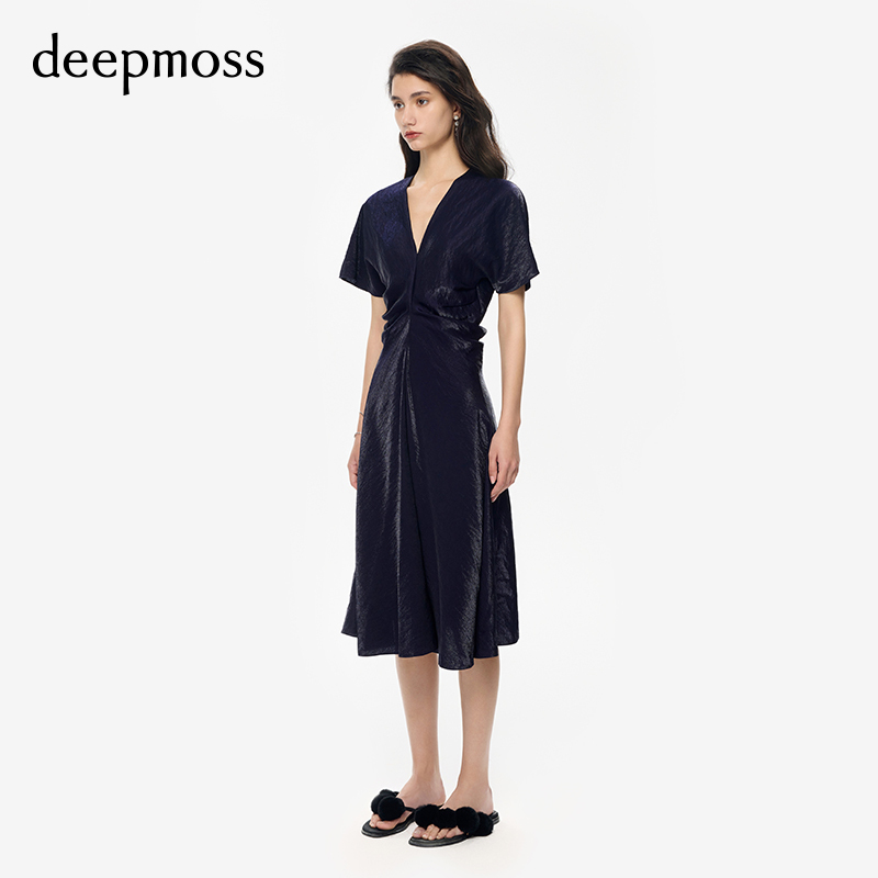 【deepmoss】气质女装复古潮流优雅棉感水泽褶涧收腰连衣裙A字裙 - 图0