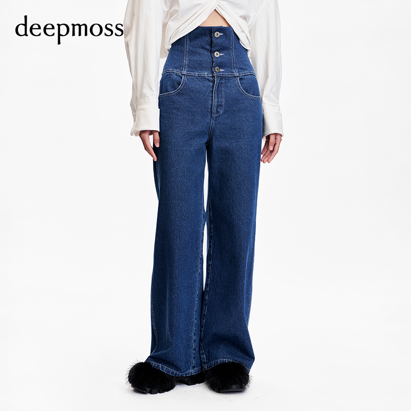 【deepmoss】新款潮流气质条纹休闲高腰翻边阔腿百搭牛仔裤女 - 图0