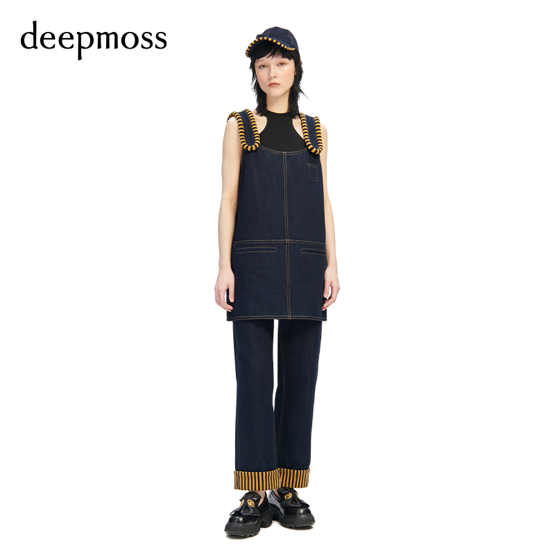 【deepmoss】春夏女秋装时尚复古潮流黑金条纹包边牛仔短款背带裙 - 图0