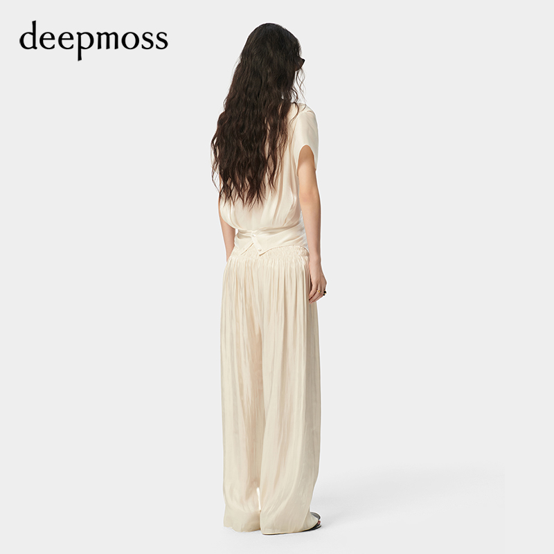 【deepmoss】2024春夏新款女装时尚休闲缎感水泽交叠褶涧上衣衬衫 - 图2