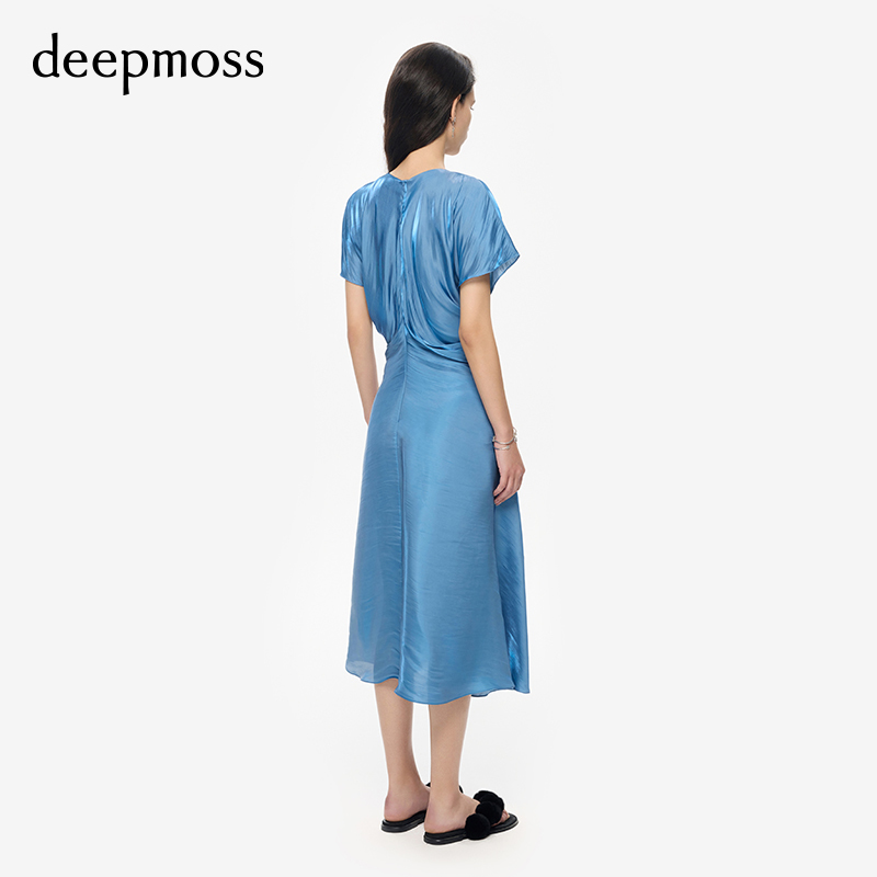 【deepmoss】女士复古潮流优雅V领气质水泽褶涧收腰连衣裙A字裙 - 图2