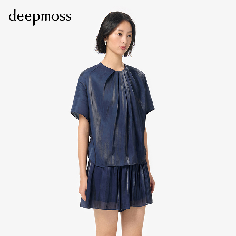 【deepmoss】设计感女装气质优雅水泽打褶上衣短袖衬衫设计感女装 - 图1