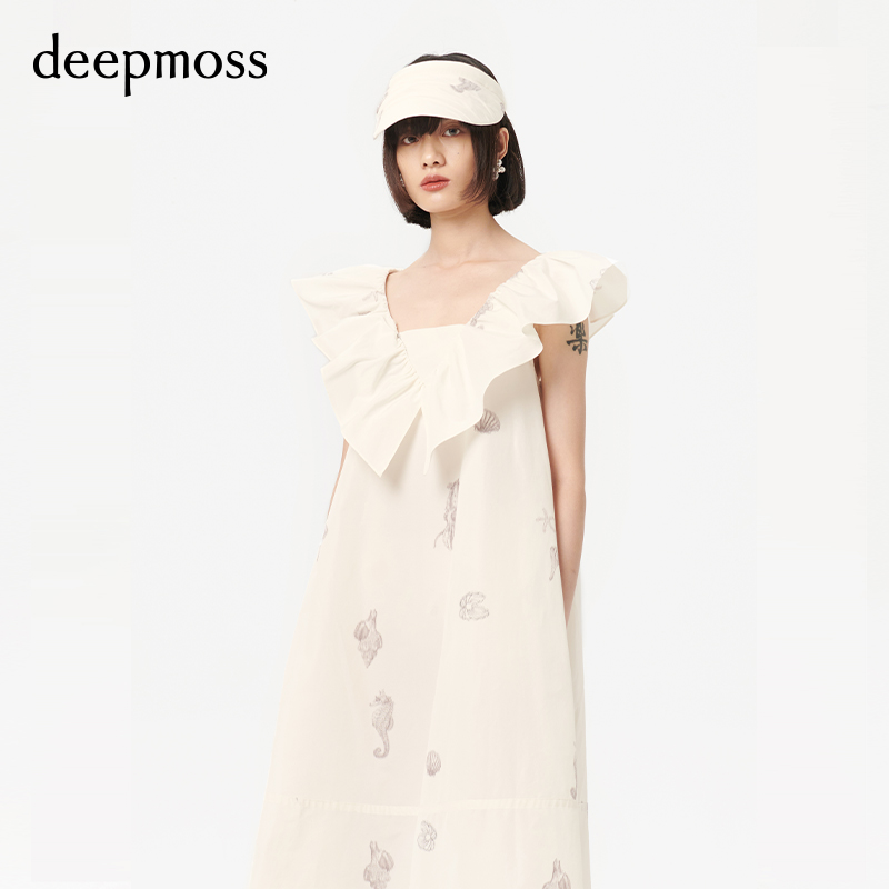 【deepmoss】潮流海洋印花V领小香风荷叶边A字连衣裙女士 - 图0