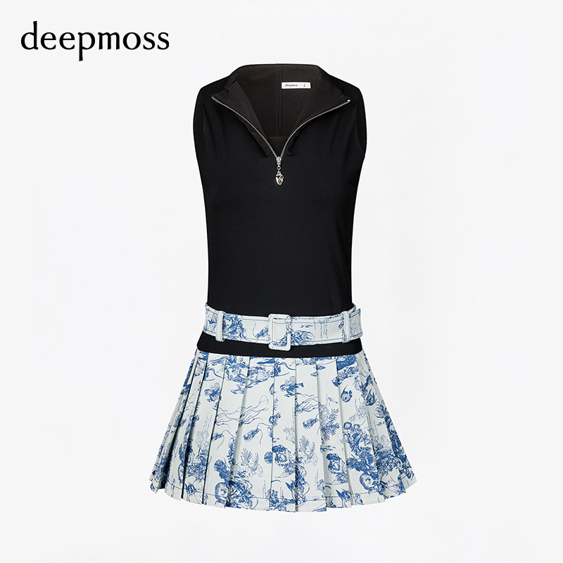 【deepmoss】女经典复古潮流简约海洋舞会提花无袖A字连衣裙 - 图3