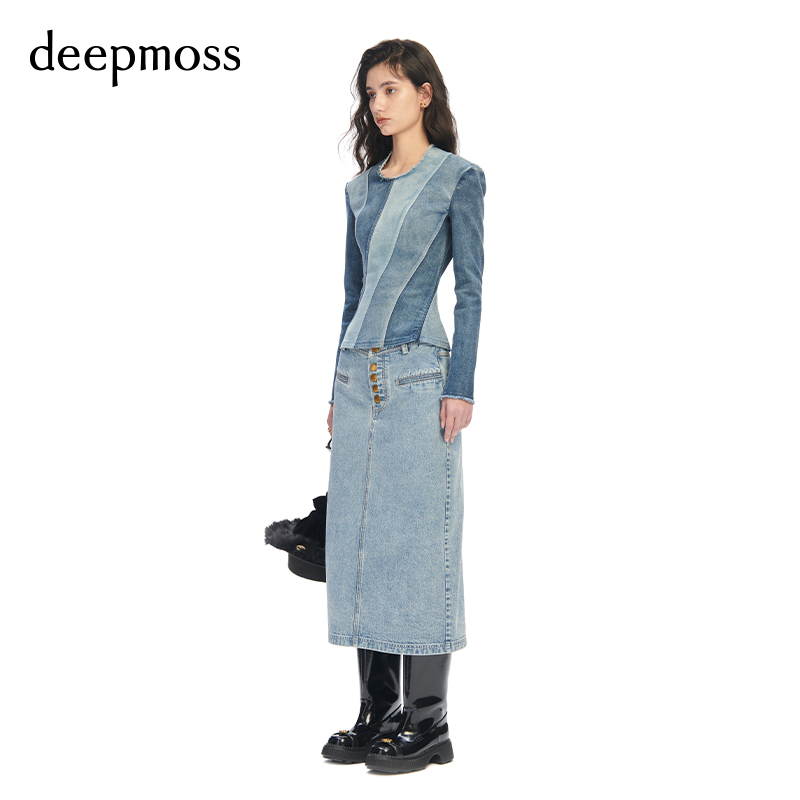 【deepmoss】春夏休闲时尚复古潮流内嵌金币牛仔直筒中长半身裙女 - 图2