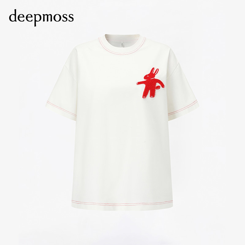 【deepmoss】气质宽松圆领卯兔时尚设计感复古潮流绣花短袖T恤 - 图3