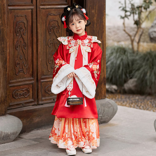 拜年服女童汉服2024新款加绒明制童装女宝云肩儿童唐装小女孩冬款 - 图3