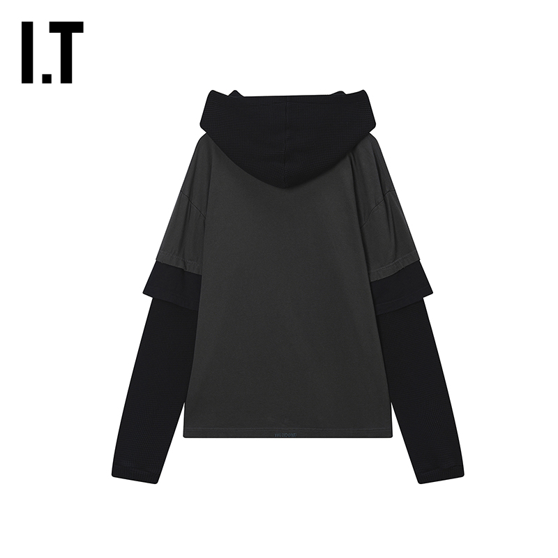 IT We11Done女装假两件连帽卫衣新款个性街头叠层连帽衫832UBKXP - 图0