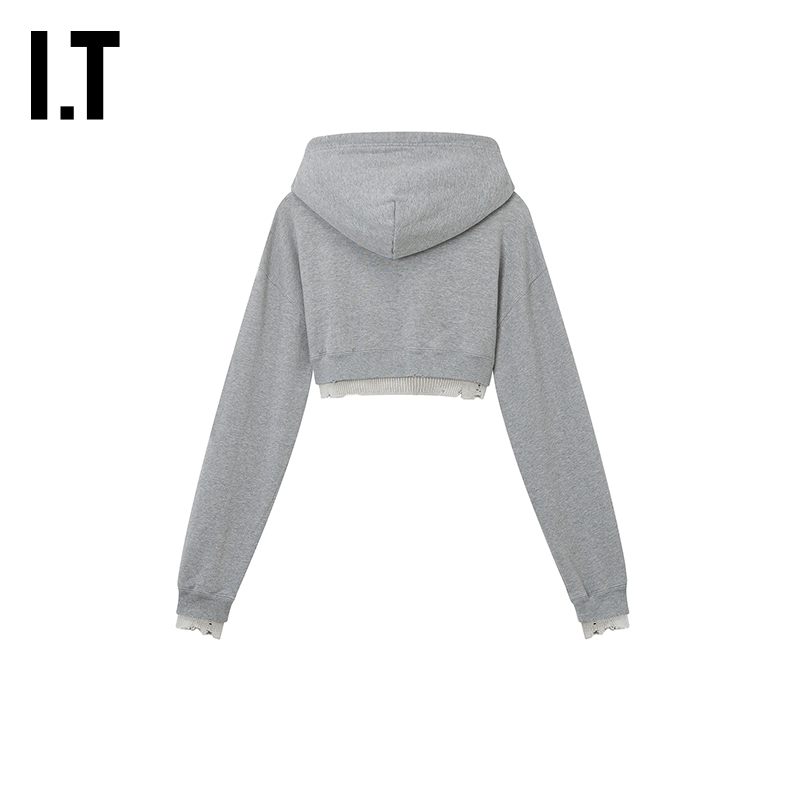 IT Mihara Yasuhiro女装假两件连帽卫衣新款针织叠层拼接露脐上衣 - 图1