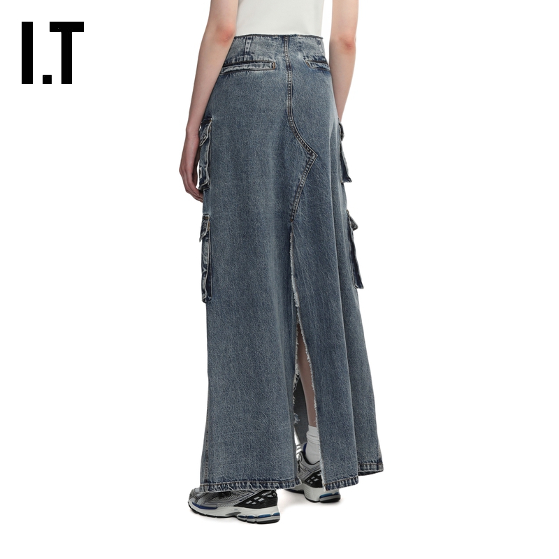 IT GROUNDZERO女装牛仔半身裙新款街潮工装风磨损开叉长裙007080 - 图2