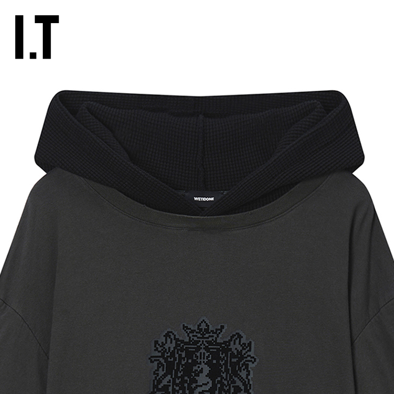 IT We11Done女装假两件连帽卫衣新款个性街头叠层连帽衫832UBKXP - 图1