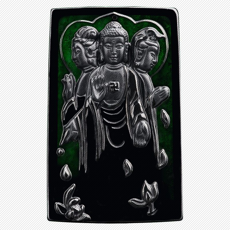 天然a货翡翠墨玉西方三圣佛吊坠墨翠冰种玉石挂件四会玉器批发 - 图3