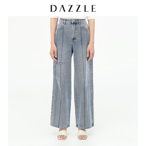 DAZZLE地素奥莱高腰破洞条纹直筒牛仔裤拖地裤女2D3R6191R