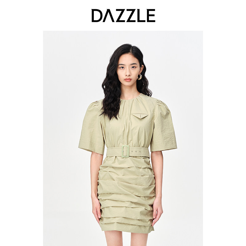 DAZZLE地素奥莱 春夏简约气质工装风褶裥设计短袖连衣裙女