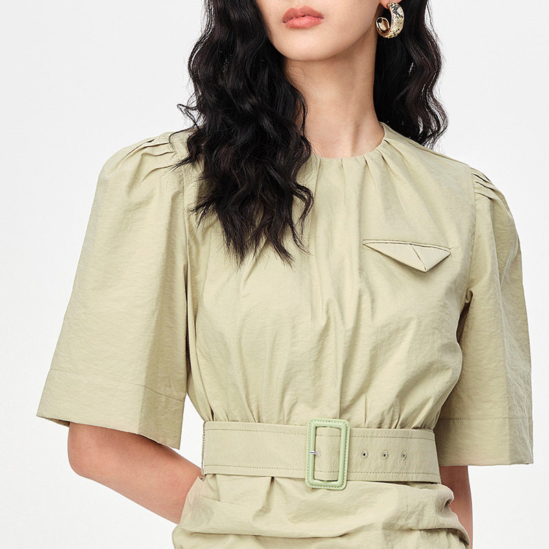 DAZZLE地素奥莱 春夏简约气质工装风褶裥设计短袖连衣裙女