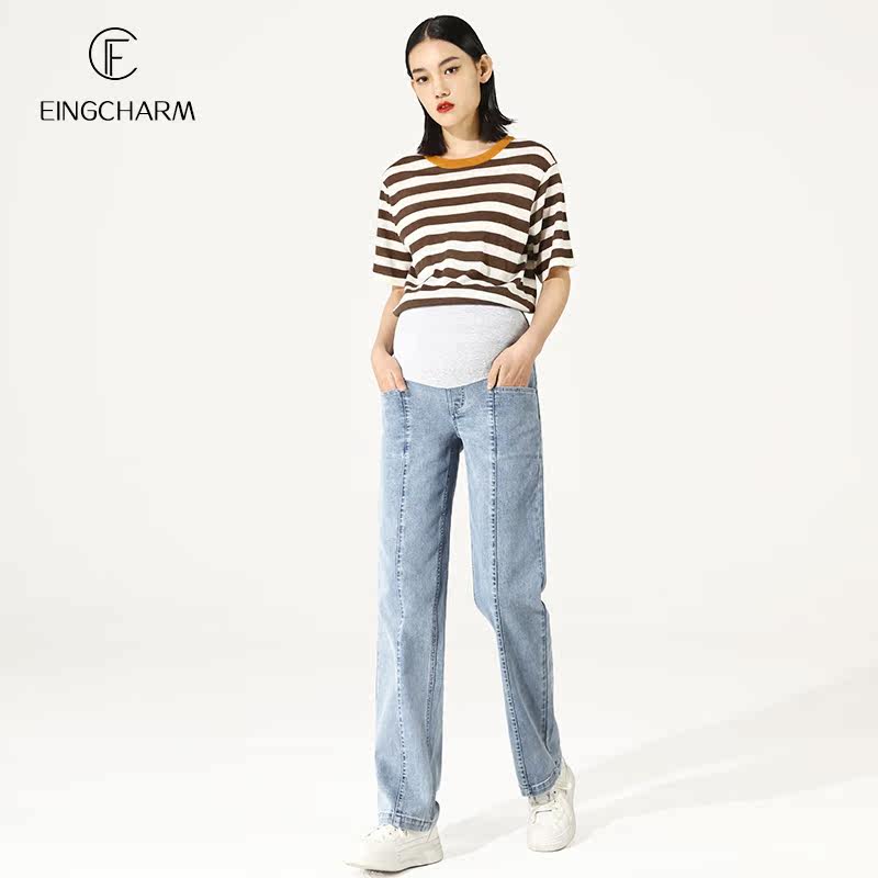 孕妇春季外穿拖地宽松托腹牛仔裤 茵魅孕妇阔腿裤