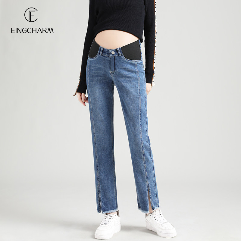 孕妇春款开叉直筒裤九分宽松牛仔裤 茵魅孕妇直筒裤