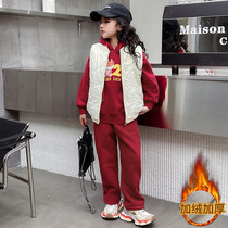 Girls year of worship 2024 new winter red festive suit Long year plus suede thickened pure color Three sets of foreign air