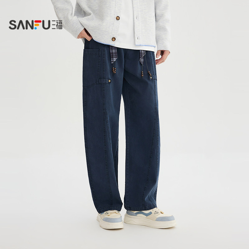 三福2026春季男士格纹腰绳口袋扣袢休闲裤 美式宽松长裤517886,淘宝优惠券,粉丝福利购,淘宝优惠卷