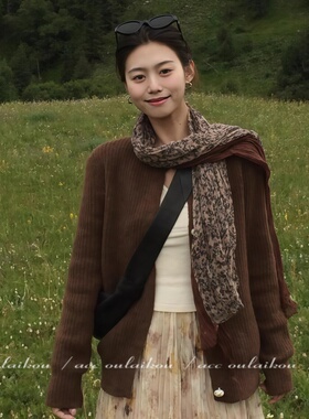 咖色碎花美拉德丝巾复古长条围脖