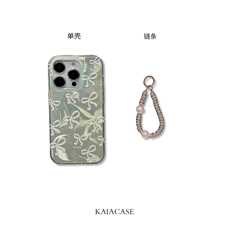 kaia 蒂芙尼蓝蝴蝶结镭射水波纹适用苹果15promax手机壳iphone13新款12珍珠挂绳14女14promax创意15pro手机套 - 图2