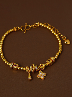 24K真金电镀金属花朵锆石手链法式复古优雅手环轻奢高级感手饰女